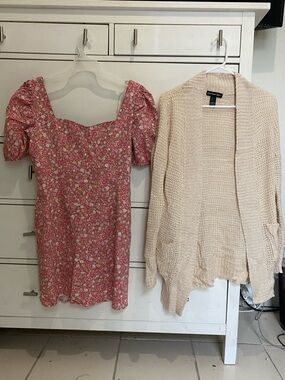 Floral Pink Puff Sleeve Mini Dress with cardigan